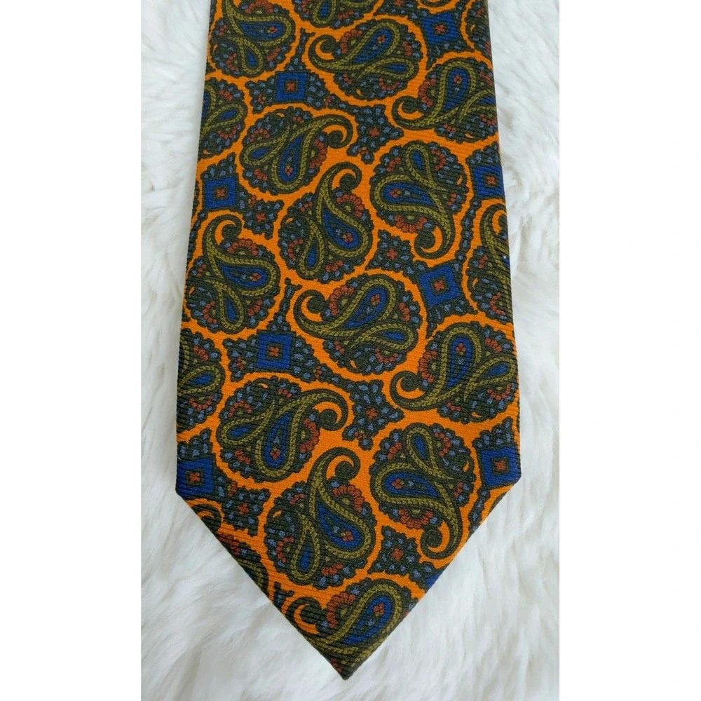 Robert Jensen Mens Silk Paisley Tie Orange Hand Sewn Made in Italy Luxury Dapper
